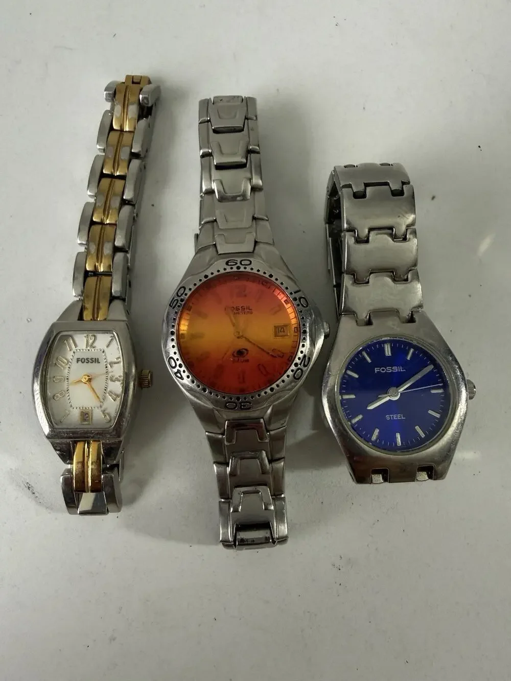 Lot of 3 Fossil Watches Steel Bracelet Orange Blue Dial Ladies Mens Untested
